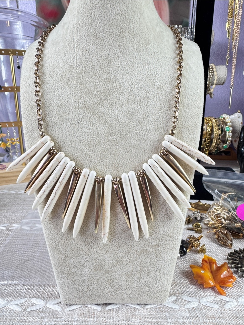 Free People White Bone Spike Necklace with Gold Accents